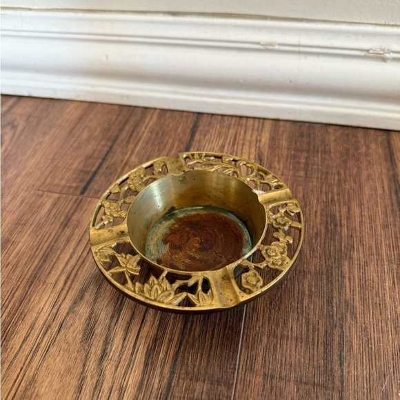 Other - Vintage Chinese Brass Gold Ashtray Flower Cutouts Floral